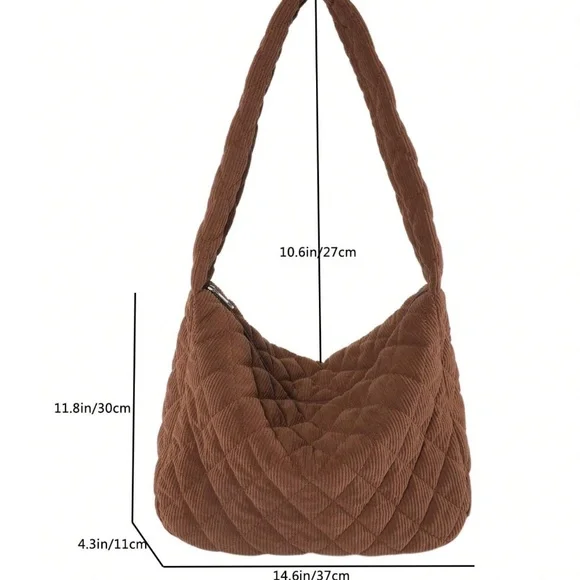 Luxe Quilted Corduroy Puffer Messenger Shoulder Crossbody Travel Bag - Picture 5 of 12